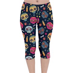 Mexican Day Of Dead Sugar Skull Velvet Capri Leggings  by trulycreative