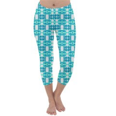 Teal White  Abstract Pattern Capri Winter Leggings  by BrightVibesDesign