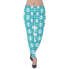 Teal White  Abstract Pattern Velvet Leggings by BrightVibesDesign