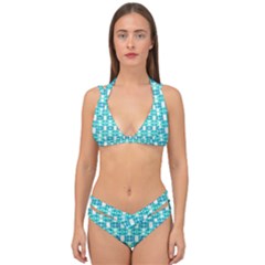 Teal White  Abstract Pattern Double Strap Halter Bikini Set by BrightVibesDesign