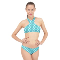 Teal White  Abstract Pattern High Neck Bikini Set by BrightVibesDesign