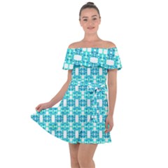 Teal White  Abstract Pattern Off Shoulder Velour Dress by BrightVibesDesign