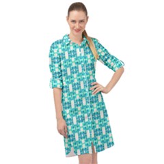 Teal White  Abstract Pattern Long Sleeve Mini Shirt Dress by BrightVibesDesign