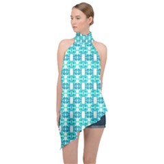 Teal White  Abstract Pattern Halter Asymmetric Satin Top by BrightVibesDesign