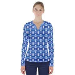 Blue White  Abstract Pattern V-neck Long Sleeve Top by BrightVibesDesign