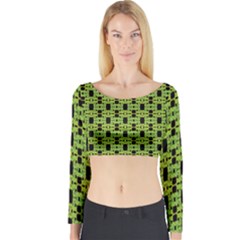 Green Black Abstract Pattern Long Sleeve Crop Top by BrightVibesDesign