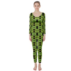 Green Black Abstract Pattern Long Sleeve Catsuit by BrightVibesDesign