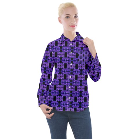 Purple Black Abstract Pattern Women s Long Sleeve Pocket Shirt by BrightVibesDesign