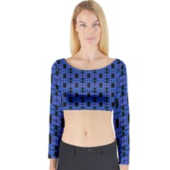 Blue Black Abstract Pattern Long Sleeve Crop Top by BrightVibesDesign