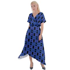 Blue Black Abstract Pattern Cross Front Sharkbite Hem Maxi Dress by BrightVibesDesign