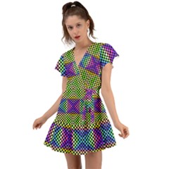 Bright  Circle Abstract Black Yellow Purple Green Blue Flutter Sleeve Wrap Dress by BrightVibesDesign