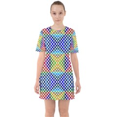Colorful Circle Abstract White  Blue Yellow Red Sixties Short Sleeve Mini Dress by BrightVibesDesign
