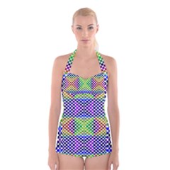 Colorful Circle Abstract White Purple Green Blue Boyleg Halter Swimsuit  by BrightVibesDesign