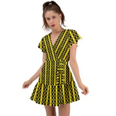 Circles Lines Black Yellow Flutter Sleeve Wrap Dress by BrightVibesDesign