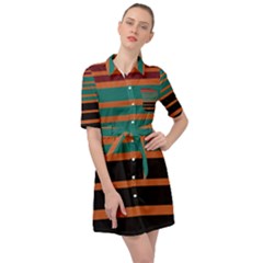 Black Stripes Orange Brown Teal Belted Shirt Dress