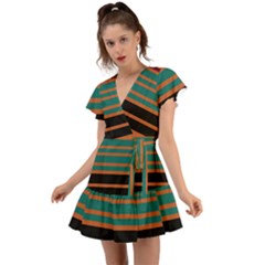 Black Stripes Orange Brown Teal Flutter Sleeve Wrap Dress by BrightVibesDesign