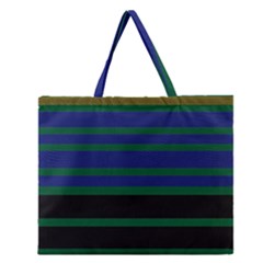 Black Stripes Green Olive Blue Zipper Large Tote Bag by BrightVibesDesign