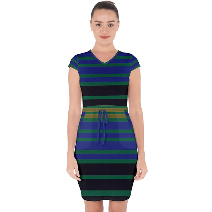 Black Stripes Green Olive Blue Capsleeve Drawstring Dress 