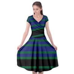 Black Stripes Green Olive Blue Cap Sleeve Wrap Front Dress