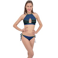 Black Stripes Green Olive Blue Cross Front Halter Bikini Set by BrightVibesDesign