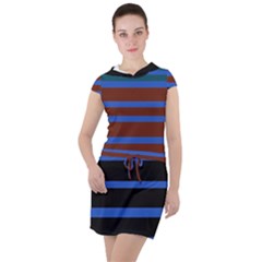 Black Stripes Blue Green Orange Drawstring Hooded Dress by BrightVibesDesign