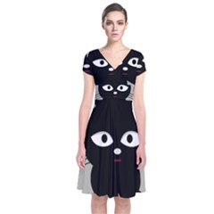 Cat Pet Cute Black Animal Short Sleeve Front Wrap Dress