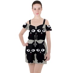 Cat Pet Cute Black Animal Ruffle Cut Out Chiffon Playsuit