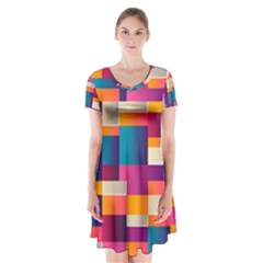 Abstract Geometry Blocks Short Sleeve V-neck Flare Dress