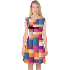 Abstract Geometry Blocks Capsleeve Midi Dress