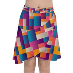 Abstract Geometry Blocks Chiffon Wrap Front Skirt