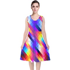 Abstract Blue Background Colorful Pattern V-neck Midi Sleeveless Dress  by HermanTelo