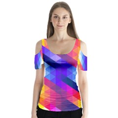 Abstract Blue Background Colorful Pattern Butterfly Sleeve Cutout Tee 