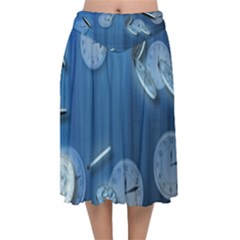 Time Clock Watch Hours Velvet Flared Midi Skirt