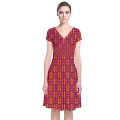 Pattern Red Background Structure Short Sleeve Front Wrap Dress