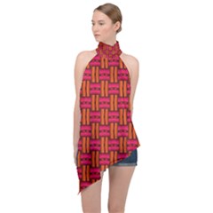 Pattern Red Background Structure Halter Asymmetric Satin Top by HermanTelo