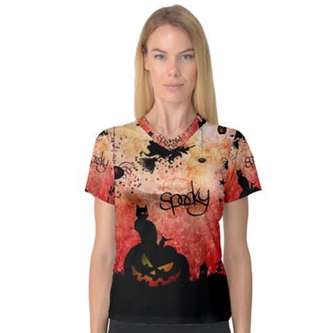 Funny Halloween Design, Cat, Pumpkin And Witch V-neck Sport Mesh Tee by FantasyWorld7