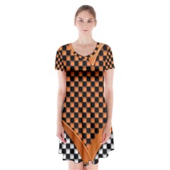 Heart Chess Board Checkerboard Short Sleeve V-neck Flare Dress