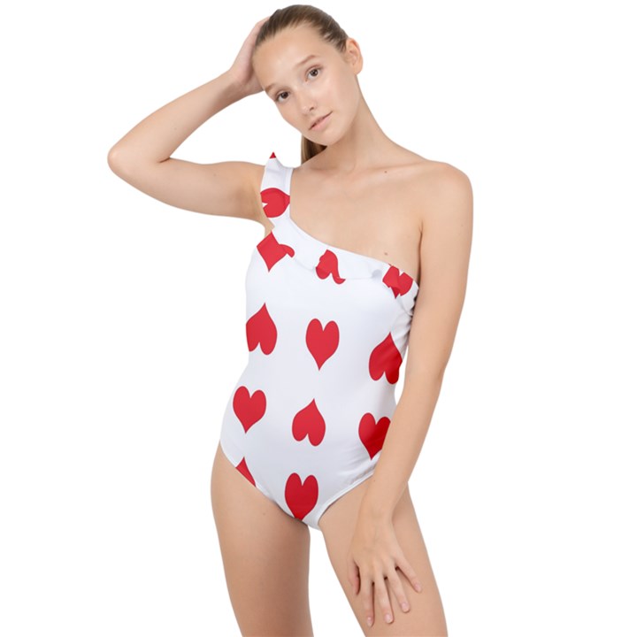 Heart Red Love Valentines Day Frilly One Shoulder Swimsuit
