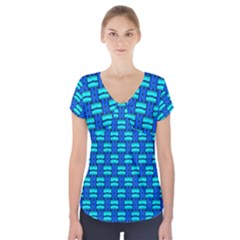 Pattern Graphic Background Image Blue Short Sleeve Front Detail Top