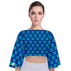 Pattern Graphic Background Image Blue Tie Back Butterfly Sleeve Chiffon Top