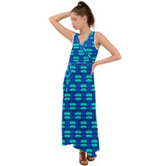 Pattern Graphic Background Image Blue V-neck Chiffon Maxi Dress by HermanTelo