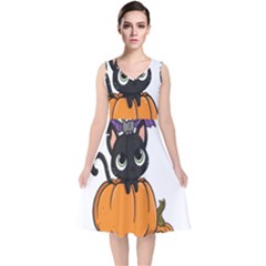 Halloween Cute Cat V-neck Midi Sleeveless Dress 