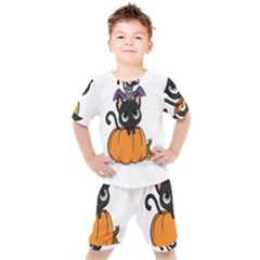 Halloween Cute Cat Kids  Tee And Shorts Set