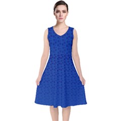 Background Polka Blue V-neck Midi Sleeveless Dress  by HermanTelo