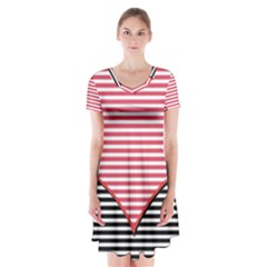 Heart Stripes Symbol Striped Short Sleeve V-neck Flare Dress by HermanTelo