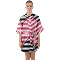 Heart Stripes Symbol Striped Half Sleeve Satin Kimono 