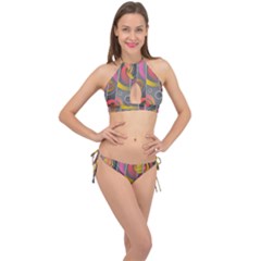 Abstract Colorful Background Grey Cross Front Halter Bikini Set