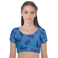 Cow Illustration Blue Velvet Short Sleeve Crop Top 