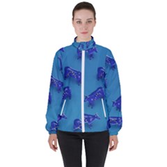 Cow Illustration Blue Women s High Neck Windbreaker