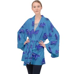Cow Illustration Blue Long Sleeve Velvet Kimono 